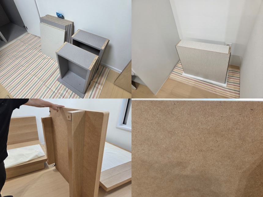 분리한 서랍과 선반 및 침대 MDF 상태
