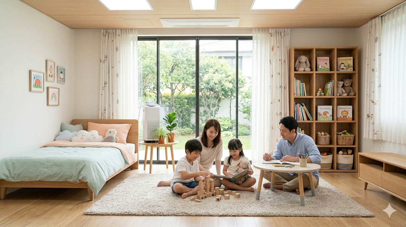 가족이 아이 방에서 함께 시간을 보내는 모습